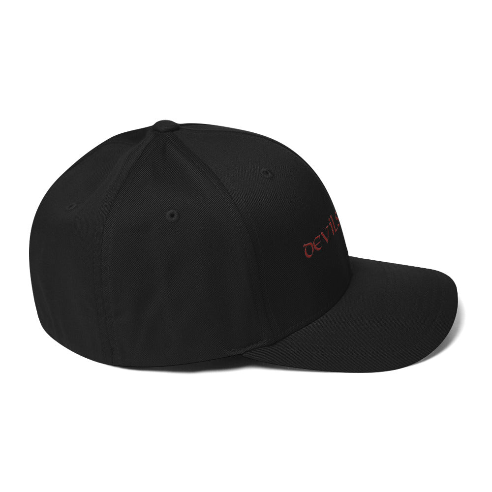 black flexfit tattoo streetwear cap with embroidered DEVILS-ARTS logo side view