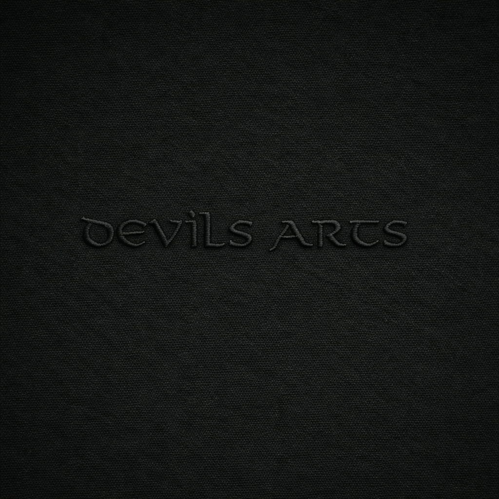 black t-shirt close-up of small black embroidered DEVILS ARTS logo tattoo streetwear