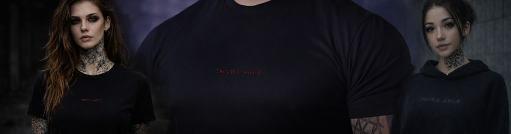 DEVILS-ARTS | WEAR Tattoo Streetwear banner featuring tattooed models in black shirts and hoodies with dark aesthetic styling