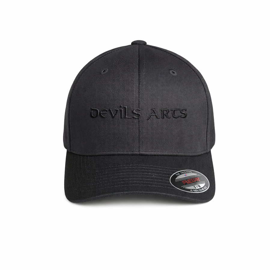 black flexfit cap with black embroidered DEVILS ARTS logo tattoo streetwear