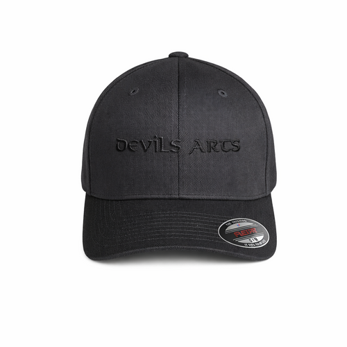 black flexfit cap with black embroidered DEVILS ARTS logo tattoo streetwear