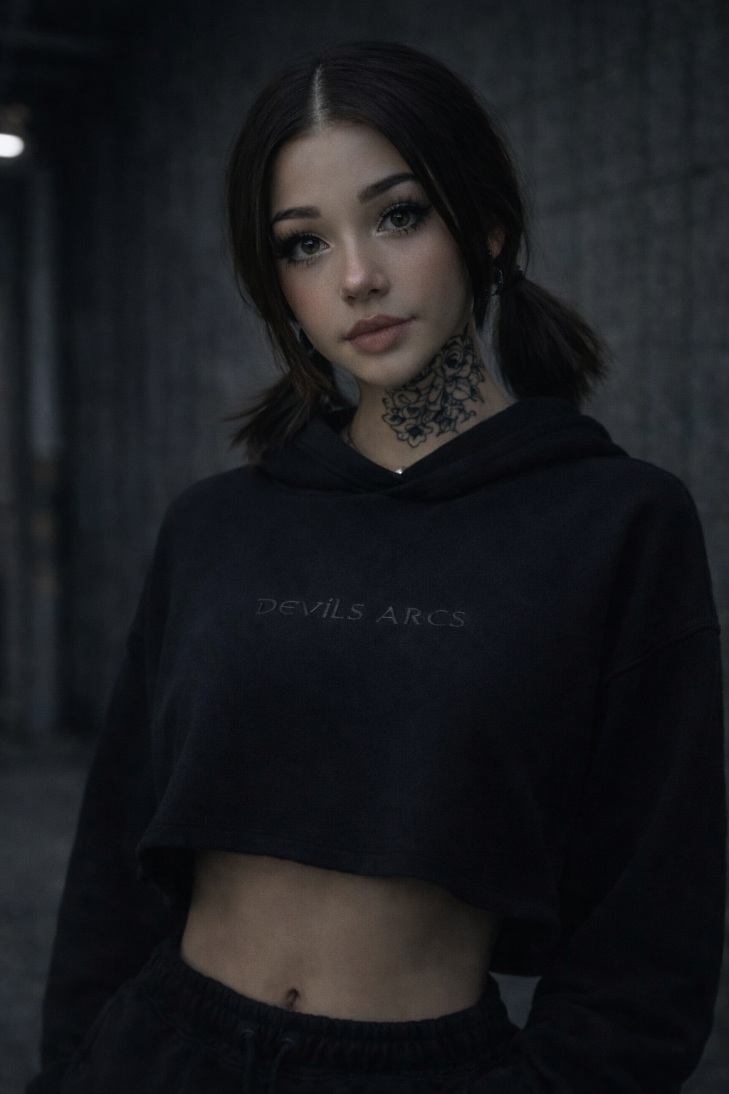 tattooed female model wearing black DEVILS ARTS embroidered logo cropped hoodie tattoo streetwear