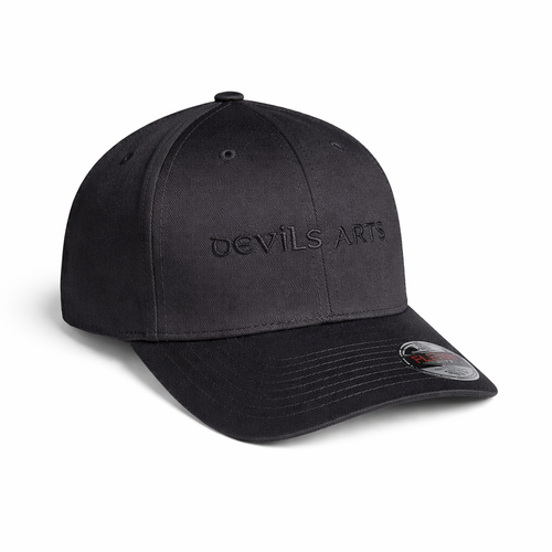 black flexfit cap angled front view with black embroidered DEVILS ARTS logo tattoo streetwear