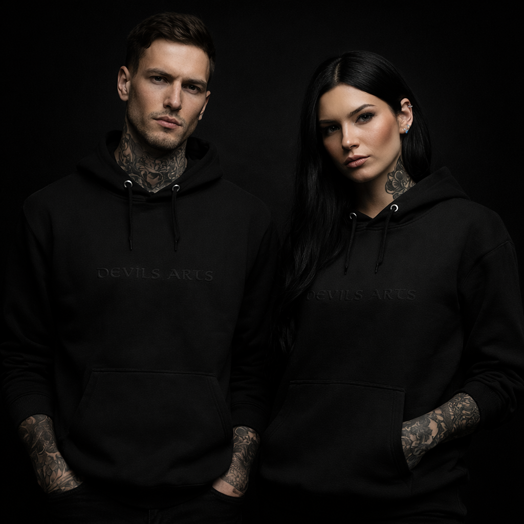tattooed male and female models wearing black DEVILS ARTS embroidered logo hoodie tattoo streetwear