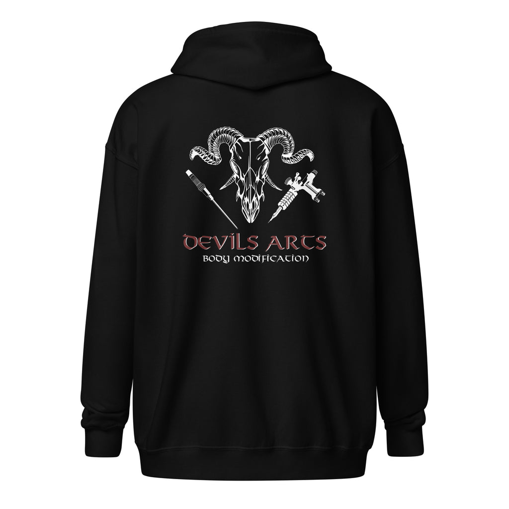 black tattoo zip hoodie with large DEVILS-ARTS skull logo back print tattoo culture streetwear