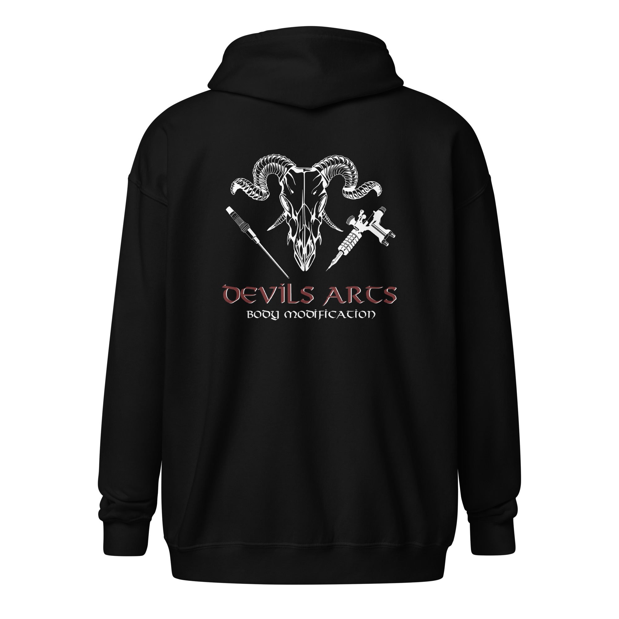 black tattoo zip hoodie with large DEVILS-ARTS skull logo back print tattoo culture streetwear