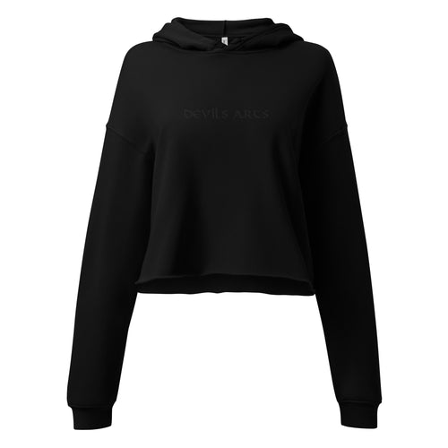black cropped hoodie with black embroidered DEVILS ARTS logo tattoo streetwear